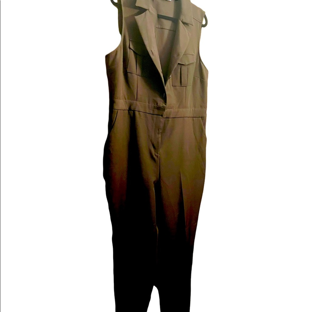 Chocolate brown pantsuit with clip button closure